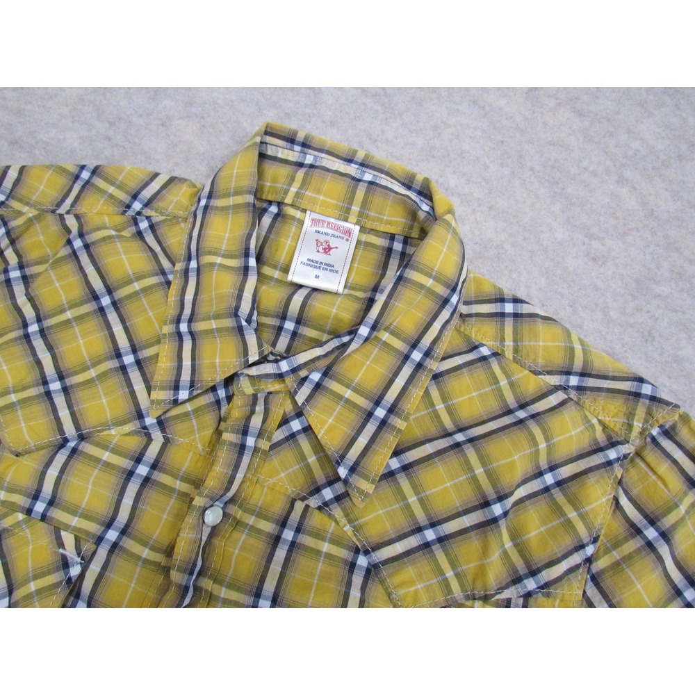 True Religion Mens Yellow Plaid Western Short Sleeve Snap Shirt ML4BN12VR M